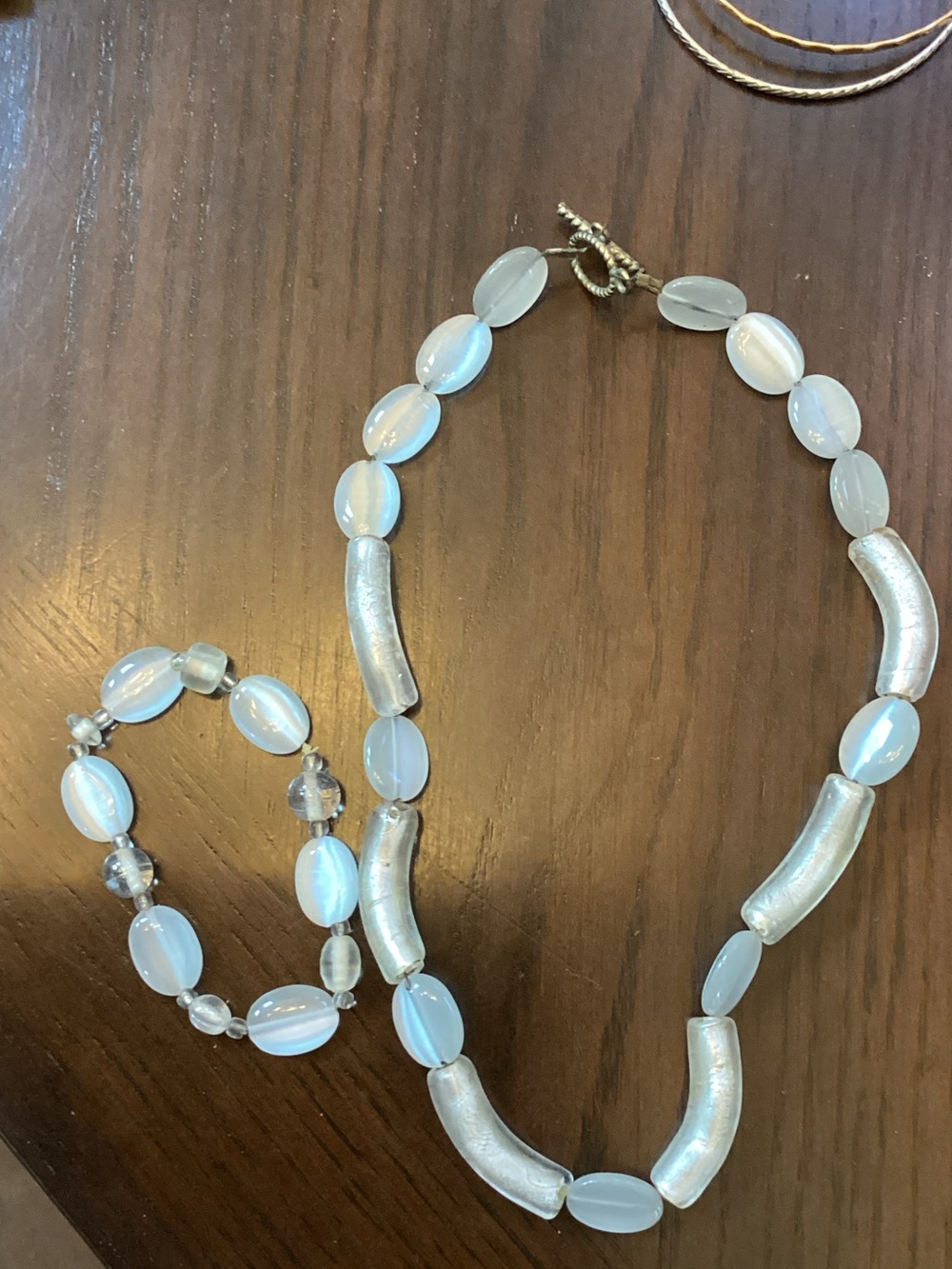 Handcrafted White Opalescent Beaded Necklace and Bracelet Set